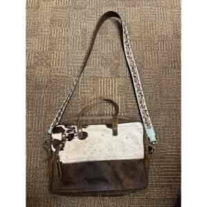 Myra Bag Messenger Bag Womens Brown Leather Animal Print Cowhide Western Style